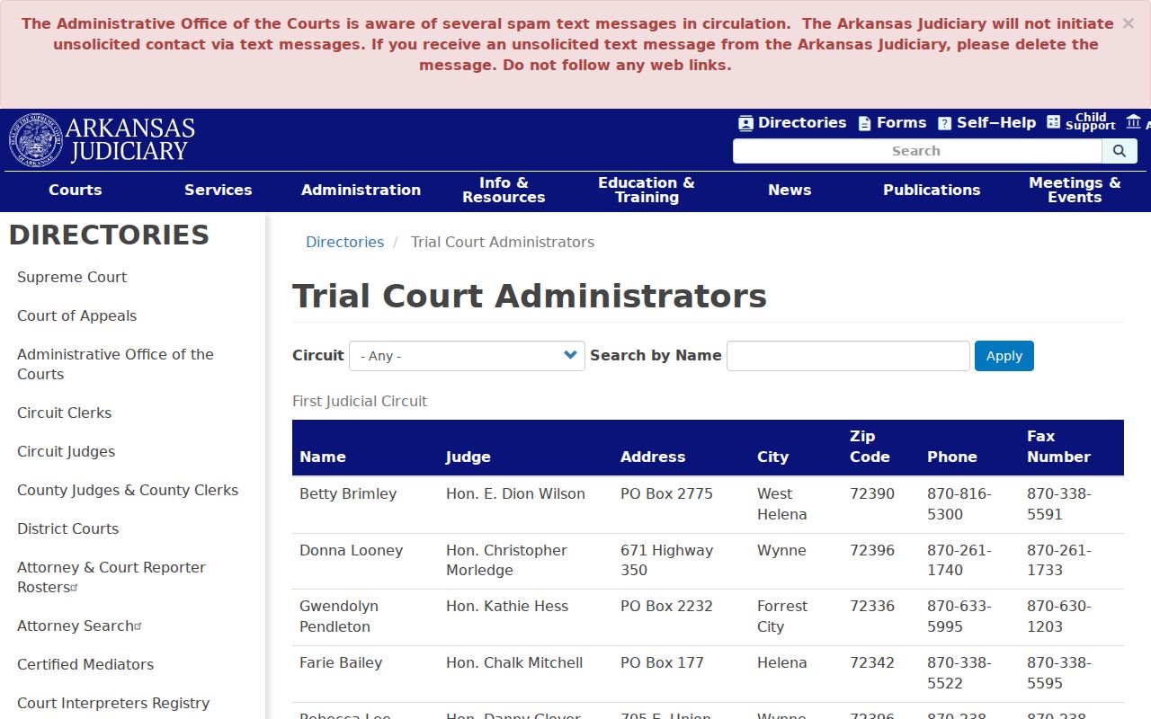 Hempstead County court calendar trial court administrator directory