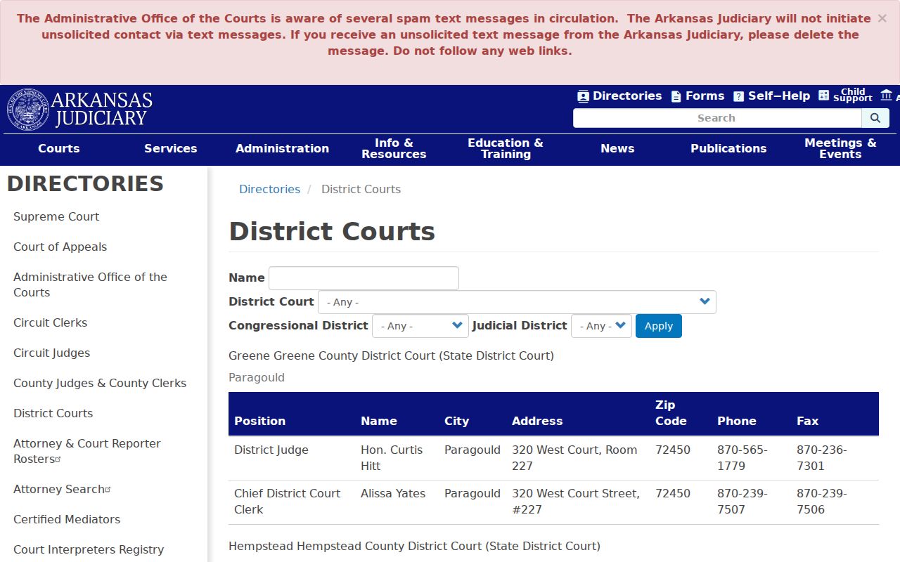 Hempstead County court calendar District Court directory