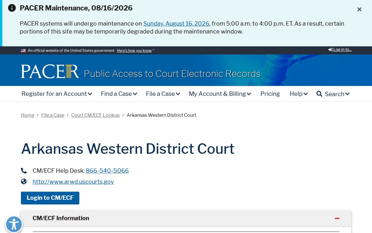 PACER lookup page for the Western District of Arkansas